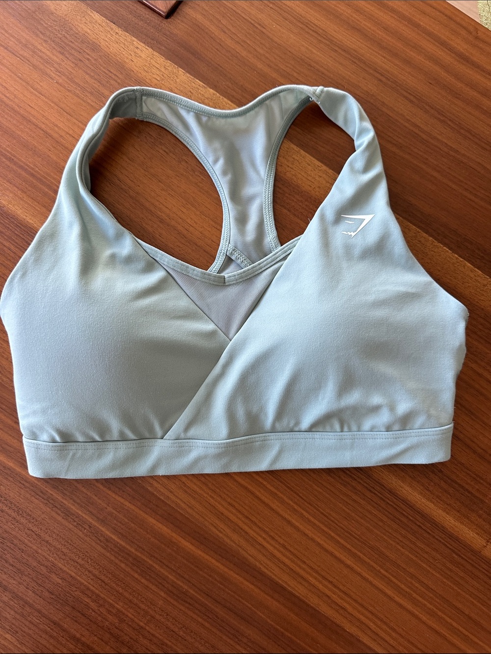 Gymshark Sage Green Racerback Mesh Panel Sports Bra with removable padding
